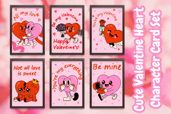 Download Cute Valentine Heart Character Card Set - Valentine Collection